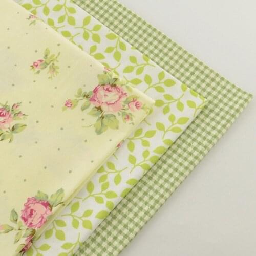 3 Piece 40cmx50cm Green Cotton Fabric for Sewing Material Tela Algodon Leaves White Flowers Bow Tecido Para Patchwork Material
