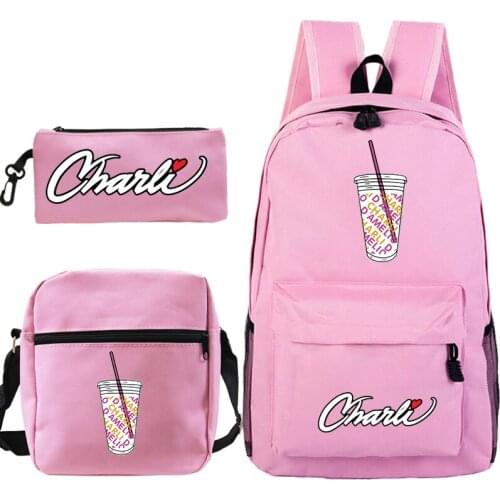 3 Pces/set Charli Damelio Canvas Backpack School Girls Fashion Schoolbag Pen Bag Crossbody Bags Charli D'Amelio Student Knapsack