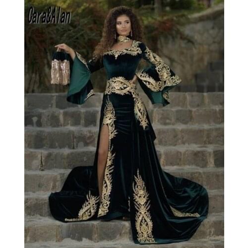 Arab Style Velvet Green Evening Dresses Long Sleeves Lace Appliqued Aso Ebi Prom Dress Split Vestidos De La Celebridad