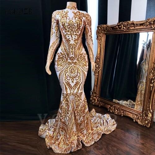 Sparkly Gold Sequined Long Mermaid Prom Dresses 2020 Full Sleeve High Neck Saudi Arabic Women Formal Evening Party Gowns