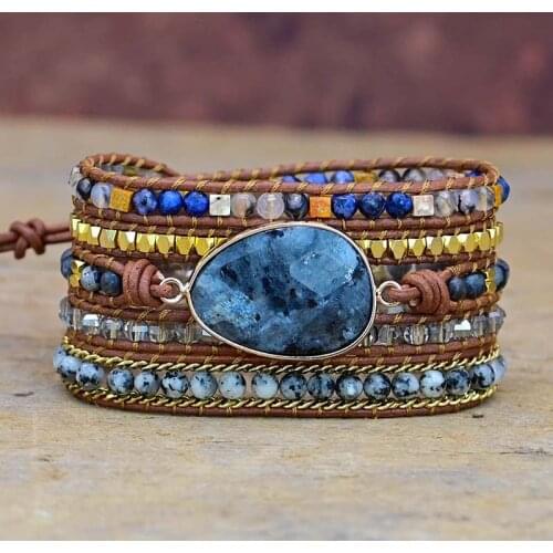 Egg Shape Black Labradorite Stone BOHO Bracelet Leather 5 Wrap Bracelet for Gifts Gemstone Bracelet Wholesale