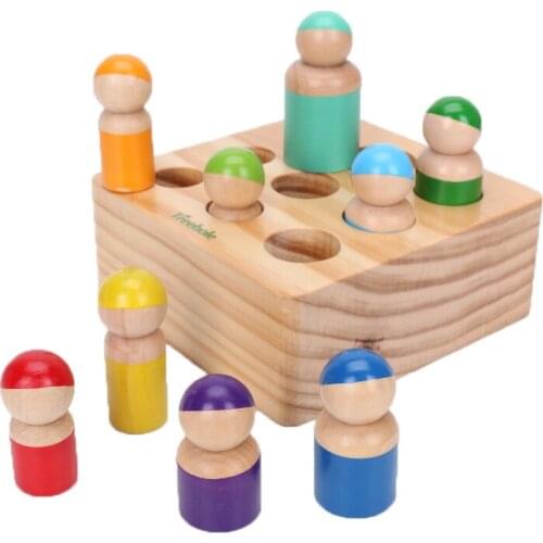 Wooden Rainbow Blocks Peg Dolls Sorting Toys Matching Game Wood Rainbow Grimms Block for Kids Montessori Educational Puzzles