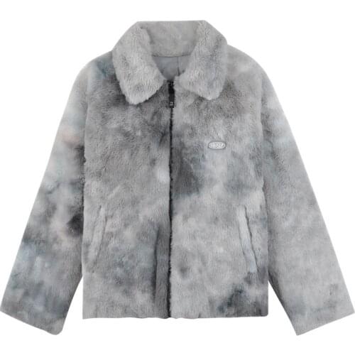 PERHAPS U Women Gray Pink Faux Fur Jacket Outwear Zipper Warm Thick Tie dye Chic Elegant C0476