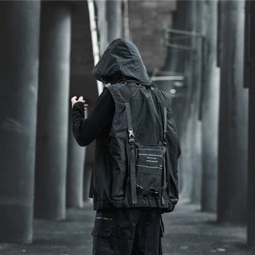 Techwear Streetwear Hip Hop Hoodie Vest Men Black Loose Oversize Sport Harajuku Japanese Punk Multi Pockets Casual Tactical Vest