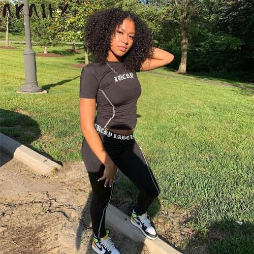 Akaily Summer Streetwear Black Letter 2 Two Piece Sets Tracksuit Womens Outfits Short Sleeve Tops Skiny Long Pants Sets Female