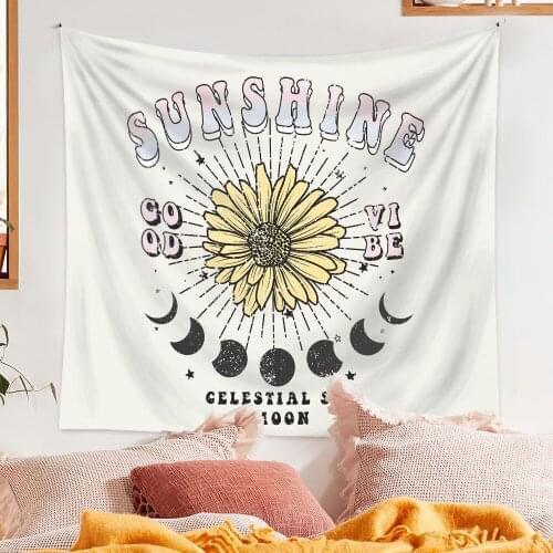 Celestial Sun Moon Wall Tapestry Sunshine Flower Print Moon Phase Tapiz Beach Towel Decorative Screens For Wall House Decoration