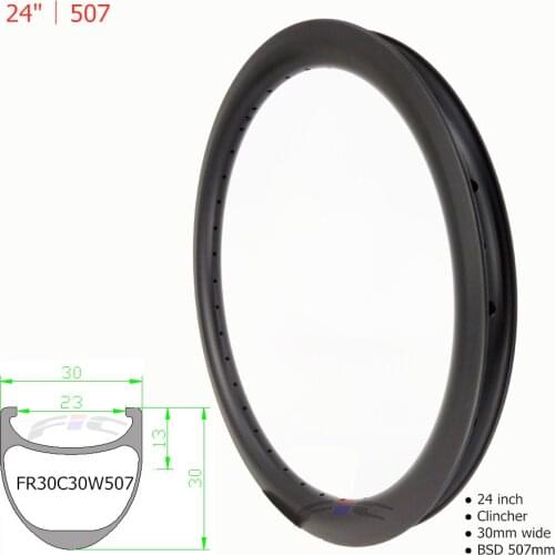 24"507mm Bike rims 30mm clincher rim inner 23mm wide carbon 24 inch clincher rim 30mm wide UD 3K 12K road cruiser bicycle rim
