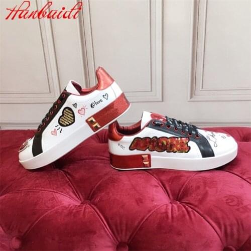 Flat Thick Sole Graffiti Small White Shoes Women Real Leather Sequin Love-Heart Lace Up Casual Shoes Spring Mixed Color Sneakers