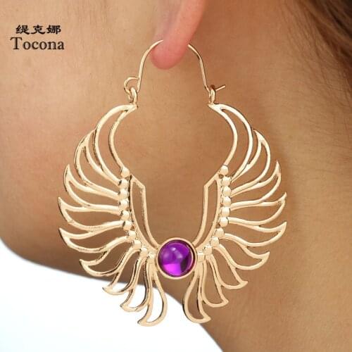 Tocona Vintage Gold Silver Color Hollow Wings Purple Rhinestone Dangle Earrings for Women Punk Alloy Drop Earrings Jewelry 5833