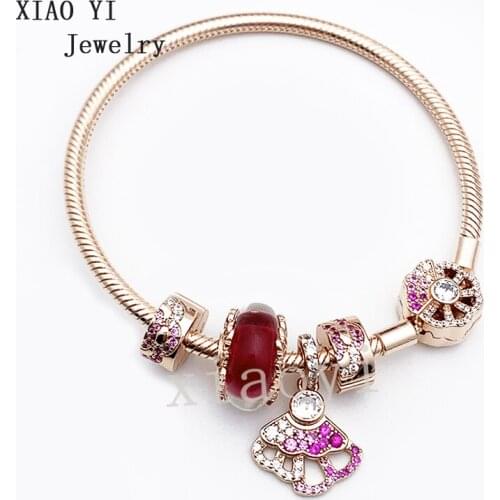XIAOYI 2020NEW S925 Rose color, pink romantic fan fan fan-shaped gradual change Amulet Bracelet, European Fashion Bracelet