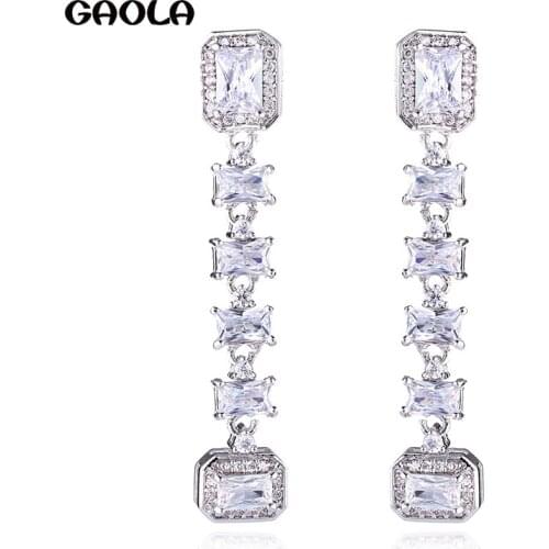 GAOLA New Design Clear Cubic Zirconia Long Dangle Earrings Square Stone Earring for Woman GLE9090