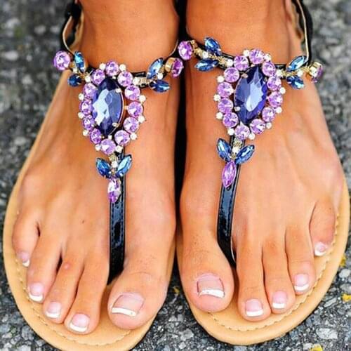ASHIOFU Handmade Girls Flat Sandals G-strap Rhinstones Jewelry Summer Shoes Casual Back-to School Fashion Sandals Shoes
