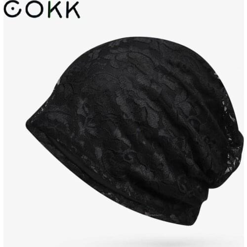 COKK Beanie Hats For Women Hollow Lace Flower Pattern Autumn Summer Beanie Thin Hat Baggy Cap Bonnet Gorro Breathable Headgear
