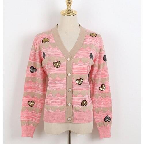 Runway V-Neck Cardigan Jacket Women Cardigans Clothes 2021 Spring Summer Retro Elegant Loose Love Sequined Pink Striped Sweater