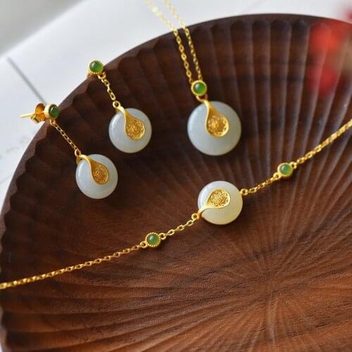 New 925 Silver Jewelry Set Gold-plated Imitation Khotan Jade Pendant Necklace Exquisite Bracelet Fine Earring Women Accessories