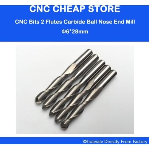 5pcs High Quality 6mm Shank 2 Flute Ball nose End Mill Cutter CNC Router Bit 6X28mm