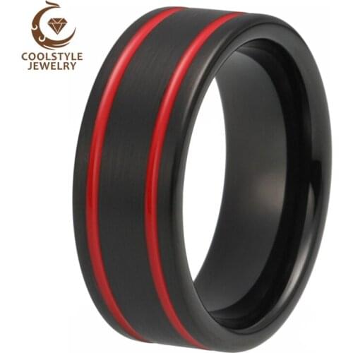 8MM Red Wedding Ring Mens Womens Black Tungsten Ring Pipe Cut Grooved Brushed Comfort Fit