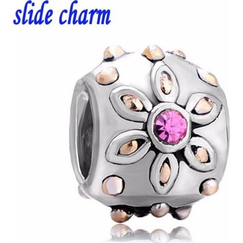 Slide charm Free shipping and American fashion personality gift pink crystal beading floral charm beads fit Pandora bracelet