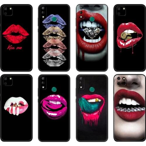 Black tpu Case For Huawei Y9S Y6S Y8S Y5P Y7P Y8P Case For Huawei Y5 lite Prime Y6 Cover Sexy vampire red lips Funny Halloween