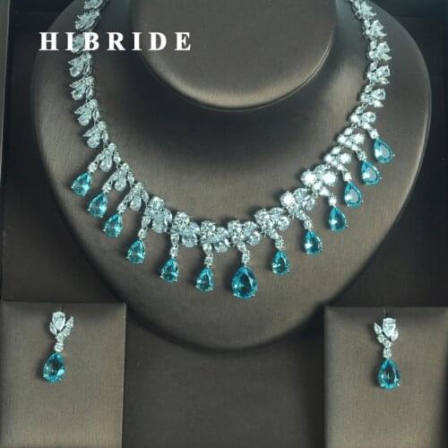 HIBRIDE Fashion European Light Blue Water Drop Shape AAA Cubic Zircoia Earring Necklace Sets Women Jewelry Sets Party Show N-333