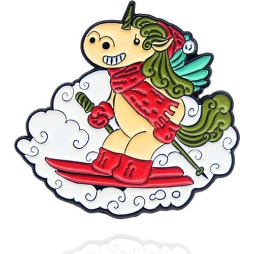 Cartoon Ski Game Unicorn Speeding Gliding Cartoon Cute Animal Alloy Personality Brooch Trend Badge Neutral All-Match Jewelry Ins