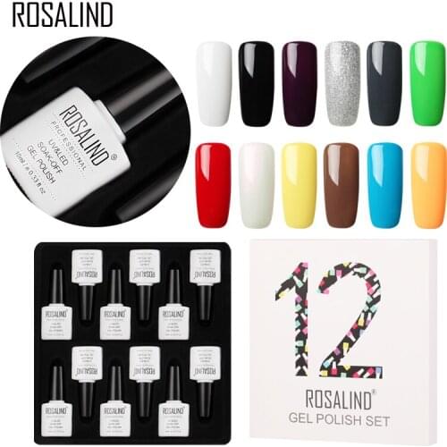 12PCS/LOT) ROSALIND 10ML UV Gel Nail Polish Set For Manicure Kit Gel Varnish For Nail Extension Primer Nail Art Top Base Coat