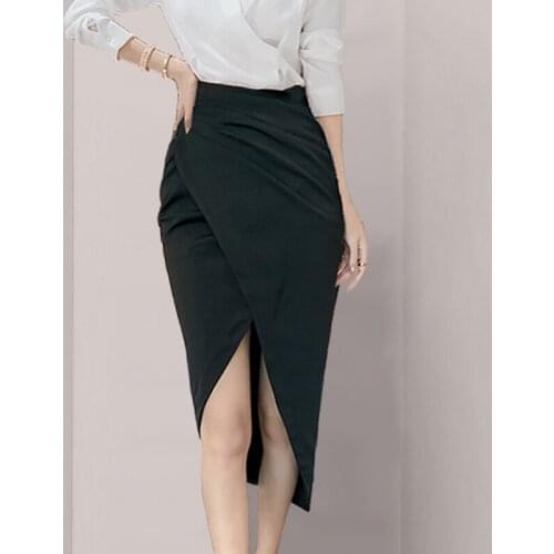 Package Hip Pencil Skirts 2021 Summer New Irregular Black Commute Skirt For Women Fashion Elegant High Waist OL Folds Skirt