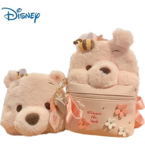 Disney Genuine Kawaii Winnie The Pooh Plush Backpack Cute Sakura Pink Winnie Bear Plush Crossbody Shoulder Bags Gifts for Girls
