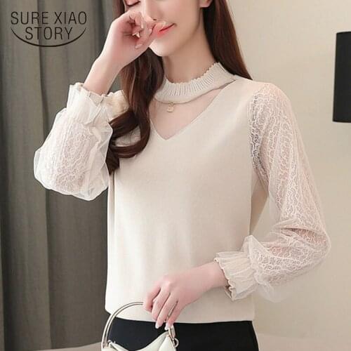 Sexy Women Tops and Blouses Long Sleeve Woman Shirts 2021 Autumn V-neck Lace Top Hollow Chiffon Blouse Office Lady Clothes 10545