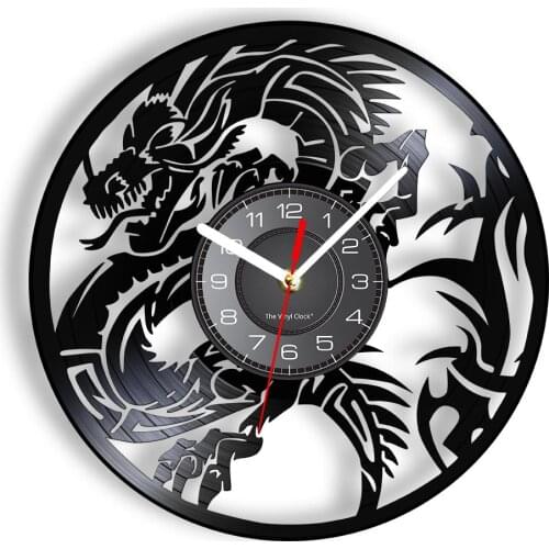 Chic Dragon Wall Clock Tattoo Tribal Dungeon Master Vinyl Record Domineering Cool Evil Loong Totem Teen Home Decor Animals Watch