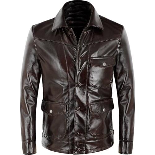 Special Offer! Mens Genuine Cowhide Coat Oil Wax Head Layer Cowhide Batik Wine Red Mens Motorcycle Leather Jacket