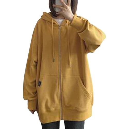 Autumn Fall Spring Women Zip Up Hooded Sweatshirts Solid Color Long Sleeve Cardigan Hoodies