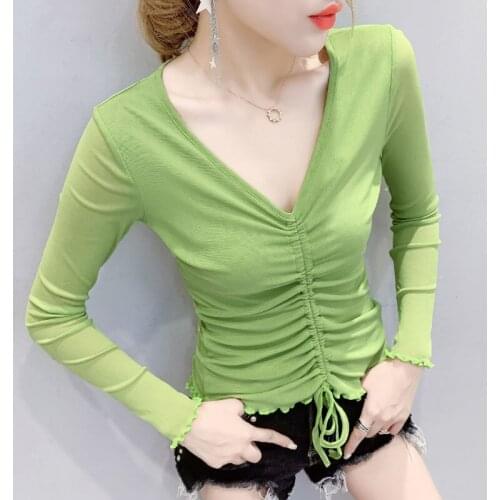 2020 New Spring Women Sexy V-neck Long Sleeve Draw String Bow T-shirts Tops Girls Stretchy Cropped Sheath Female Tees A88