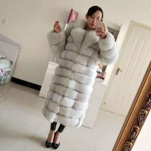 Women real fox fur coat long lapels horizontal long-sleeved overcoat warm winter suede outerwear female