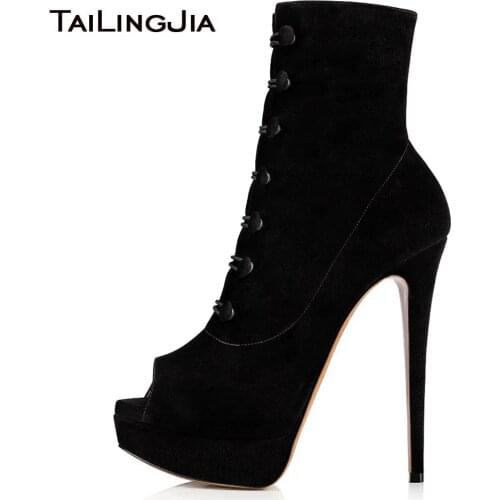 Black Faux Suede Peep Toe Sky High Heel Ankle Booties Women Platform Short Boots Ladies Spring Autumn Heeled Shoes 2019