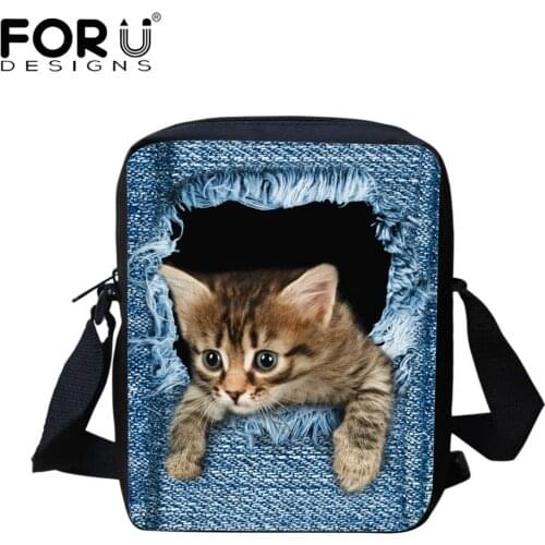 FORUDESIGNS Women Messenger Bags 3D Denim Animal Shoulder Bag Handbags Cute Cat Messenger Bags Children Crossbody Bag for Girls