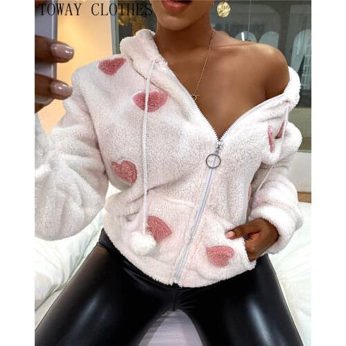 Women Long Sleeve Heart Pattern Zip Hooded Teddy Coat Casual Sweet Fleece Top