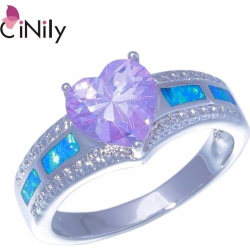 CiNily Created Blue Fire Opal Cubic Zirconia Silver Plated Wholesale HOT Heart for Women Jewelry Ring Size 6.5-8.5 OJ9330