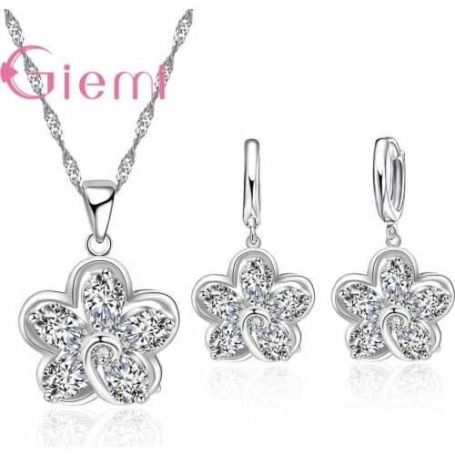 Free Shipping High Quality Jewelry Silver Necklace Earrings Sets for Women Zircon Flower Bijoux 3 Piece/1 Set