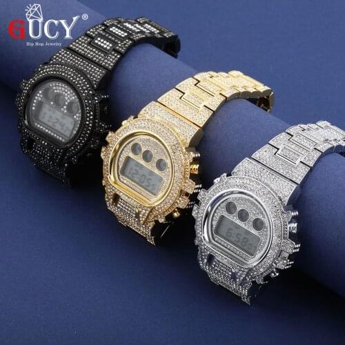 GUCY Stainless Steel Digital Movt Watch Iced Out Lab Diamond Watch Hip Hop Jewelry Gift