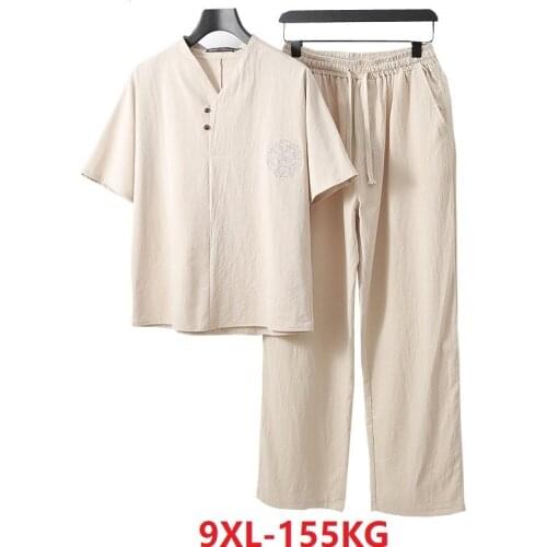 Large size 7XL 8XL 9XL Summer Men linen Short Sleeve T-shirt and pants embroidery tang suit vintage v-neck Tees oversize tops 66