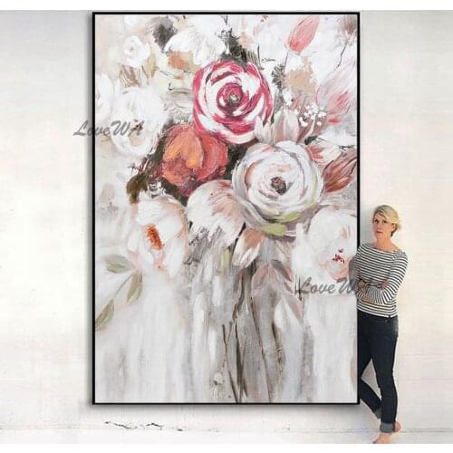 Pink Flower and White Color Handmde Unframed Canvas Art Wall Home Decor Handmade Oil Painting for Living Room Bedroom Decor