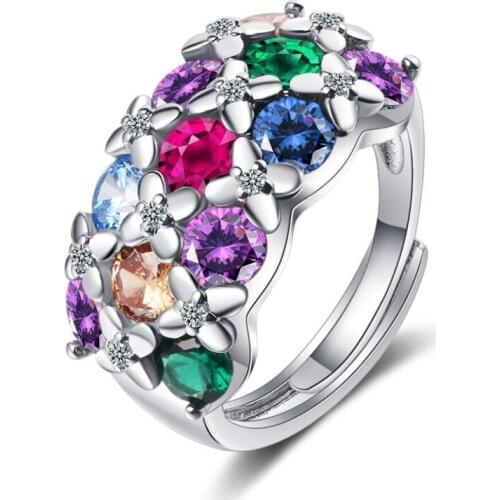 KOFSAC 2021 Dazzle Zircon Colorful Flower Ring For Women 925 Sterling Silver Black Gold Rings Girl Wedding Jewelry Fashion Gifts