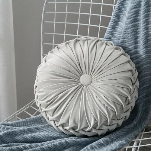 Round Floor Luxury Velvet Pumpkin Pleated Cushion Pouf Cover Throw Pillow Home Sofa Mat(Light Gray)