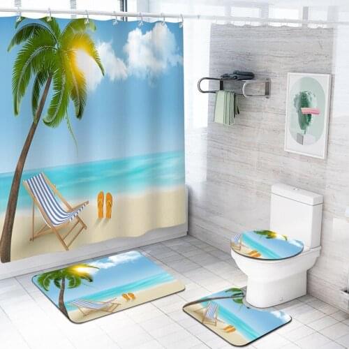 Summer Beach Mildewproof Waterproof Bathroom Shower Curtain + Pedestal Rug + Toilet Lid Cover Mat + Non Slip Bath Carpet