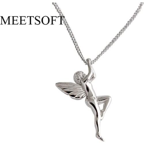 MEETSOFT Tibetan Silver Pendant Necklace Retro Little Elf Angel Small Wings Minimalist Clavicle Chain Female Accessories Gift