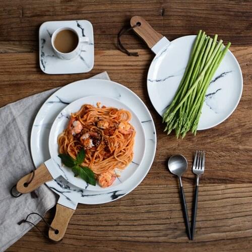 Marbled Ceramic Plate Steak Plate Pizza Salad Dish With Wooden Handle Reinforced Porcelain Tableware