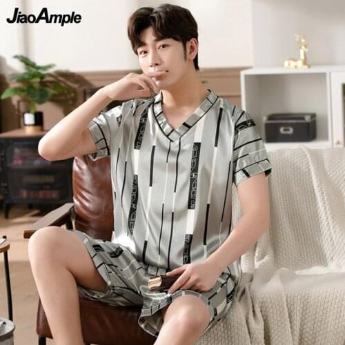 Mens Pajamas Summer Fashion V-Neck Thin Ice Silk Short-Sleeved Shorts Nightie 2 Piece 2021 New Boys Casual Plus Size Sleepwear