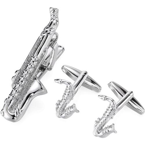 A set new high quality music equipment Sax Silvery Cufflinks Tie Clip Mens French shirt Cufflinks Tie Clip box Free Shipping