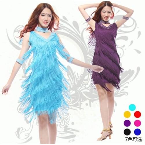New 2016 Latin Dance Dresses Suits Women/Girls Sexy Fringes long Skirt Ballroom/Tango/Rumba/Latin Dresses Clothings For Dancer